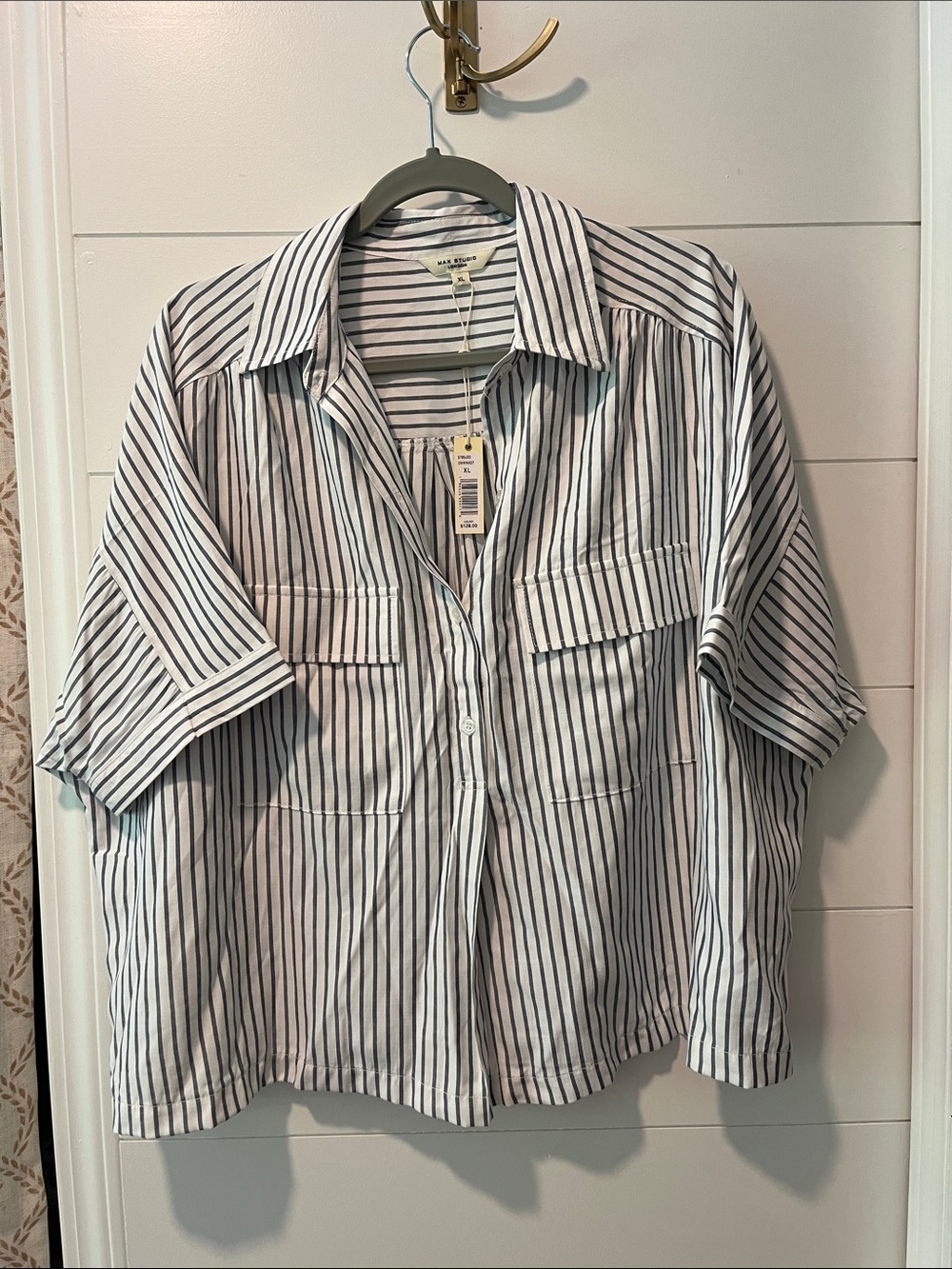 Madewell White Shirt with Navy Pinstripes — Short Sleeve Button-Up